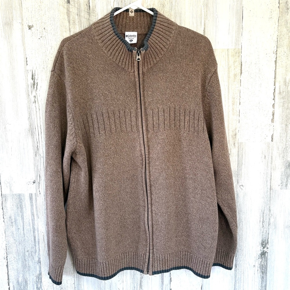 Columbia Men’s Full Zip 100% Cotton Sweater Jacket Size XL In Brown/Slate Trim